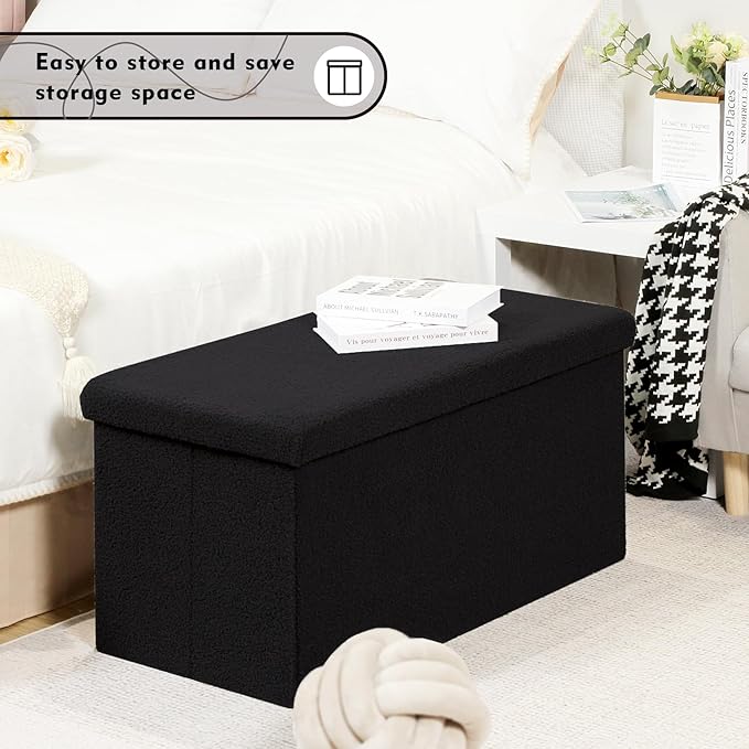PINPLUS Folding Storage Ottoman Bench, Black Sherpa Ottoman for Living Room, Long Shoes Storage Chest Boxes Footrest Bench for Bedroom, Living Room, Entryway, 31.5Inches