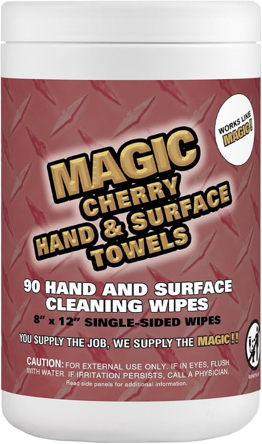 Magic Cherry Scented Heavy Duty Cleaning Wipes - Single Sided Hand & Surface Shop Towels | Professional-grade Cleaning | Waterless | Cleans Grease, Oil, Dirt, & more (1 Pack | 90 Sheets Total)