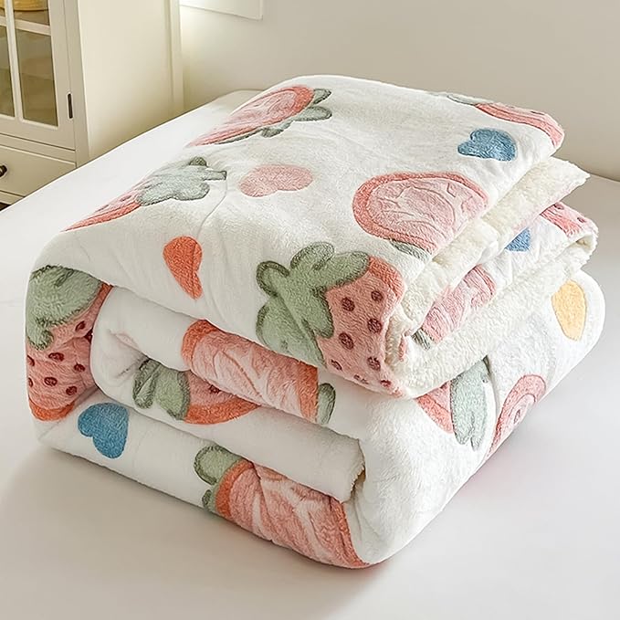 Strawberry Print Fleece Comforter Set - 3 Piece Full Size Comforters for Her Girls, Cozy Thick Warm, Soft Microfiber Bedding Bedroom Decor, (1 Comforter + 2 Pillow Shams)
