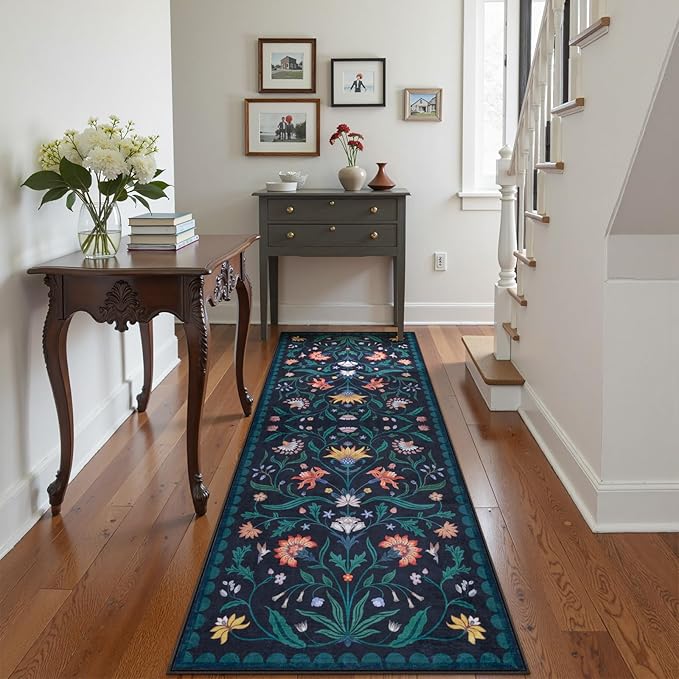 Lahome Boho Floral 2'6"x8' Washable Runners for Hallways, Kitchen Runner Rugs Non Skid Ultra-Thin, Soft Bathroom Rug Throw Carpet Runners for Bedroom Laundry Room (Dark Blue,2'6"x8ft)