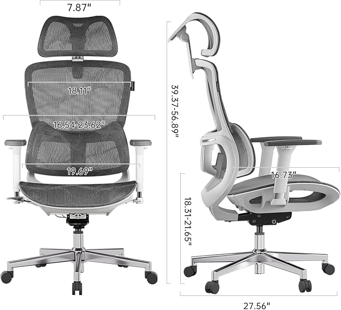 Hbada E2 Ergonomic Office Chair, Big and Tall Mesh Office Chair with 6-Way Dynamic Lumbar Support, 3D Adjustable Armrests, 3D Adjustable Headrest, High Back for Gaming Chair, White(No Footrest)