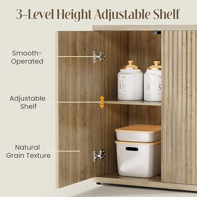 Fluted Buffet Cabinet Sideboard with Storage,Wooden Credenza with 2 Doors&Adjustable Shelve, Modern Accent Cabinets Coffee Bar Bookcase for Living Room,Kitchen Dining Room Entryway 15"D Natural Oak