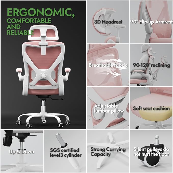Pink Ergonomic Office Chair: Mesh Desk Chair Comfy with Adjustable Lumbar Support 330lbs High Back Computer Gaming Chair - Big and Tall Office Chairs with Headrest - Adults Home Office