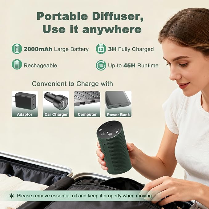 Waterless Essential Oil Diffuser Starter Kit with 3 x 20mL Essential Oil, Rechargeable Scent Diffuser for Home Car Bathroom, 3 Mist & 4 Timer, Portable Small Aromatherapy Diffuser Machine, DarkGreen