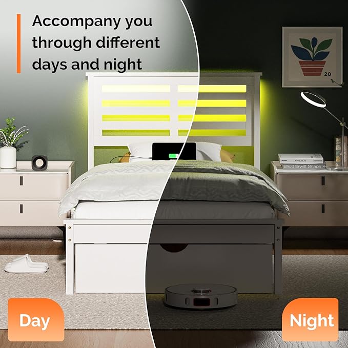 VINGLI Solid Wood Twin LED Bed Frame with USB Charging Single Panel Platform Bed with 40 Inches Tall Headboard and Underbed Storage Drawer,White