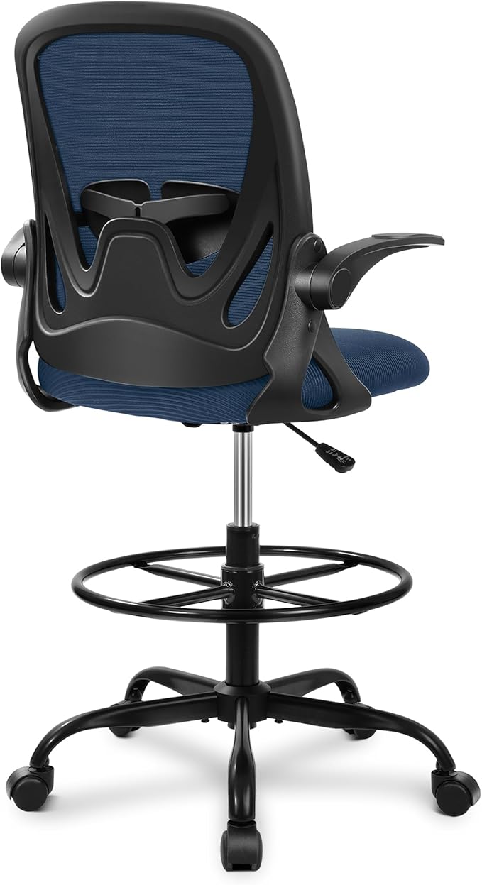 Primy Drafting Chair Tall Office Chair with Flip-up Armrests Executive Ergonomic Computer Standing Desk Chair with Lumbar Support and Adjustable Footrest Ring (Navy)