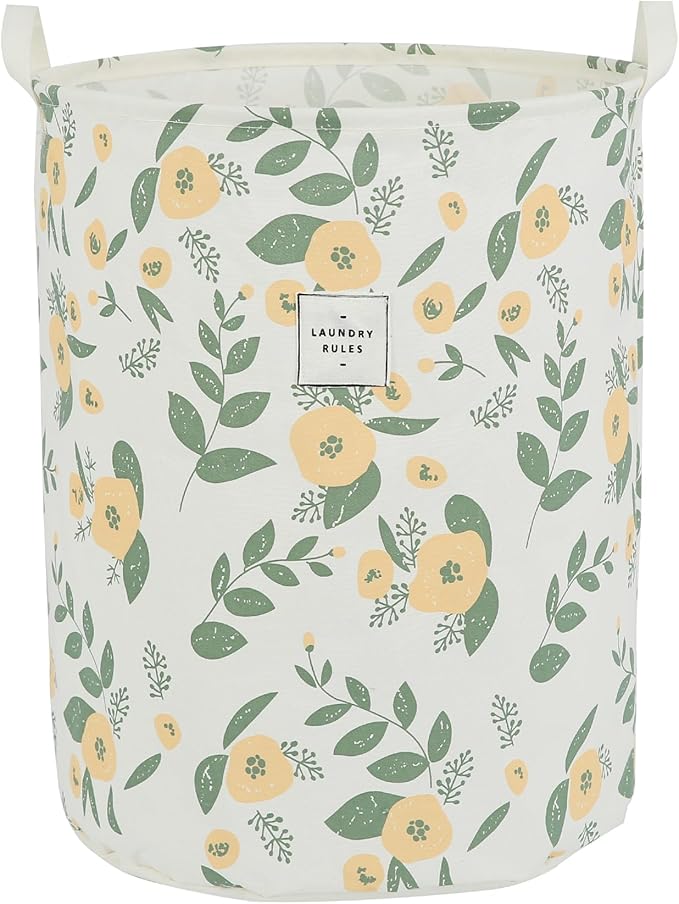 Large Foldable Laundry Basket Organizer Holder portable tall collapsible laundry hamper nusery Storage Basket Bin with Handles Closure (Waterproof Lining, Floral Green Orange)