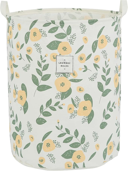 Large Foldable Laundry Basket Organizer Holder portable tall collapsible laundry hamper nusery Storage Basket Bin with Handles Closure (Waterproof Lining, Floral Green Orange)
