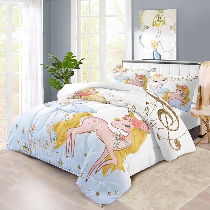 Golden Unicorn Girls Comforter Set King Kawaii Unicorn Bedding Set KingCute Horse Comforter Girls Bedroom Decor White Animal Print Bedding Bed Decor Animal Print Quilt
