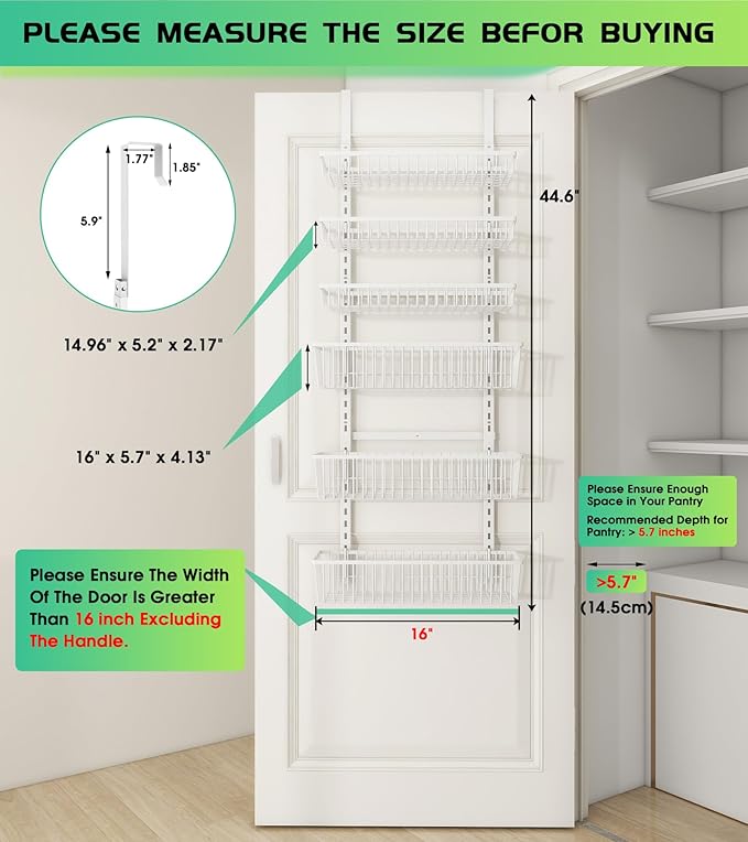 Over The Door Pantry Organizer, Pantry Organization and Storage, 6-Tier Deep Baskets Hanging Heavy-Duty Metal, Wall Spice Rack Seasoning Shelves for Home & Kitchen, Laundry Room Bathroom, White