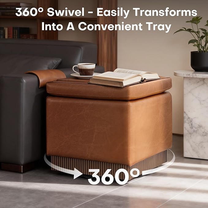 Square Ottoman with Storage,Swivel Vanity Stool-Faux Leather Foot Rest,Upholstered Footstool Pouf with Sturdy Acacia Wood Frame(500lbs),Small Coffee Table & Hidden Storage for Living Room