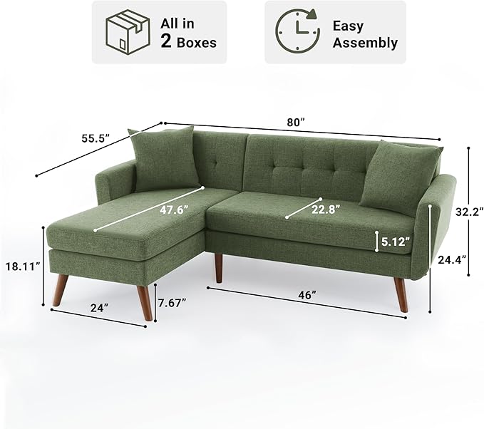Tbfit L Shaped Couch Sofa, 80" W Mid-Century Modern Sectional Couches, 3 Seater Sofas with Wide Chaise Lounge, Button Tufted Upholstered Sectional Sofa for Living Room, Bedroom, Green