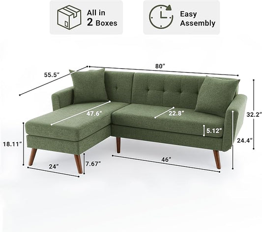 Tbfit L Shaped Couch Sofa, 80" W Mid-Century Modern Sectional Couches, 3 Seater Sofas with Wide Chaise Lounge, Button Tufted Upholstered Sectional Sofa for Living Room, Bedroom, Green