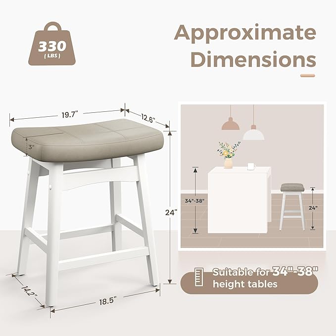 MAISON ARTS Beige Counter Height Bar Stools Set of 3 for Kitchen Counter Solid Wood Legs with Faux Leather Saddle Seat Farmhouse Barstools for 34"-38" Counter Island Upholstered Stools, 24in Height