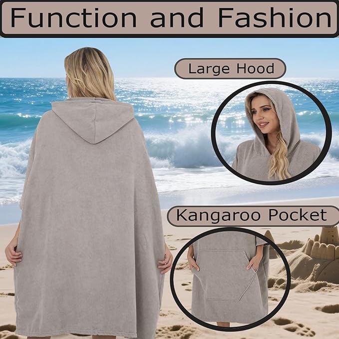 Surf Poncho Hooded Beach Towel, Quick Dry Terry Cloth, Extra Large Changing Robe with Pockets for Adults, Unisex Light Grey Cover-Up for Swim, Bath, Beach, Gift for Swimmer Lovers
