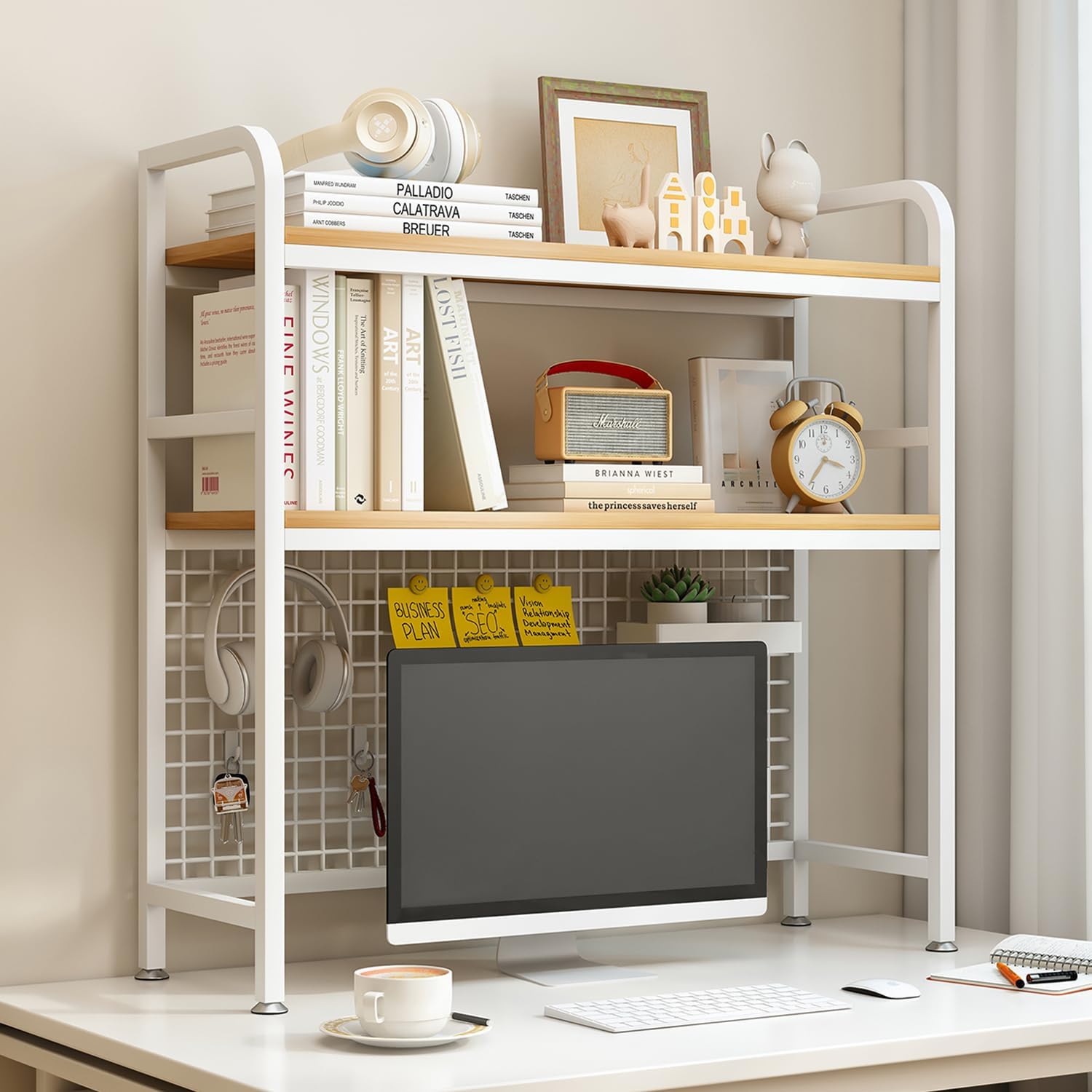 IOTXY 2-Tier Desktop Hutch Bookshelf - Metal Desk Shelf Bookcase with Grid Panel, Countertop Storage Organizer Rack for Dorm or Office, White, 37.4" W