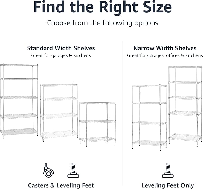 Amazon Basics 5-Shelf Adjustable, Heavy Duty Storage Shelving Unit on 4'' Wheel Casters, Metal Organizer Wire Rack, 30" L x 14" W x 64.8" H, Chrome