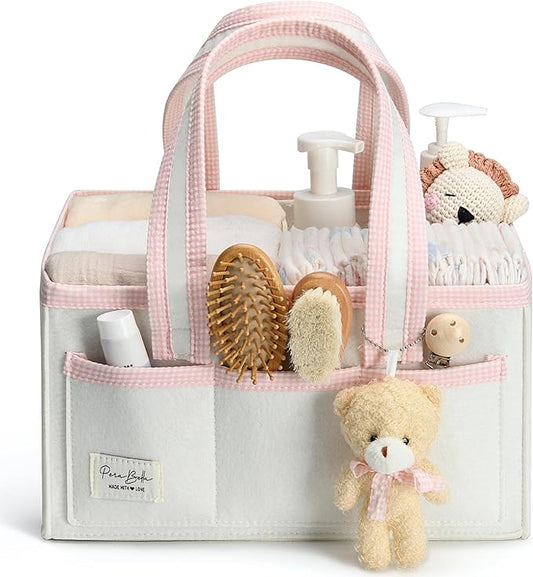 PeraBella Diaper Caddy Organizer with Handle, Baby Shower Gifts Basket Bag, Registry Search Must Haves Items, Nursery Storage Organizer for Newborn Girl Boy, Baby Bag Essentials, Car Diaper Caddy Cart