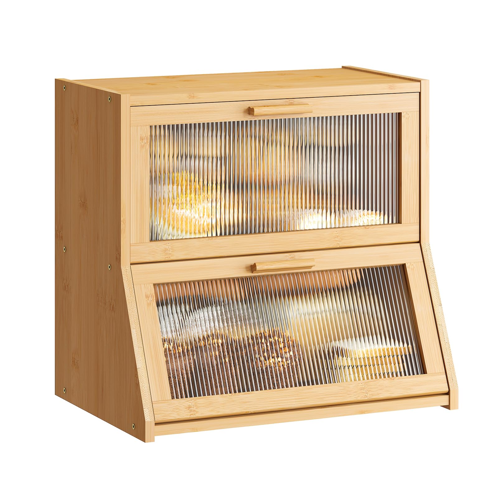 GHWIE Double Layer Bamboo Bread Box for Kitchen Counter,Large Capacity Bread Storage Bin,Bread Container with Acrylic Wavy Door Panel (Natural, Medium)