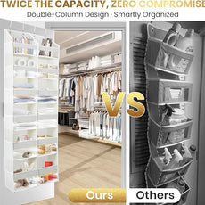 HOMELUX THEORY UPGRADED Over The Door Organizer Hanging - 100D EXTRA THICK & 50lbs HUGE CAPACITY 6Large Front & 12Side Pockets, Over The Door Shoe Organizer, Hanging Closet Organizer (Transparent XL)