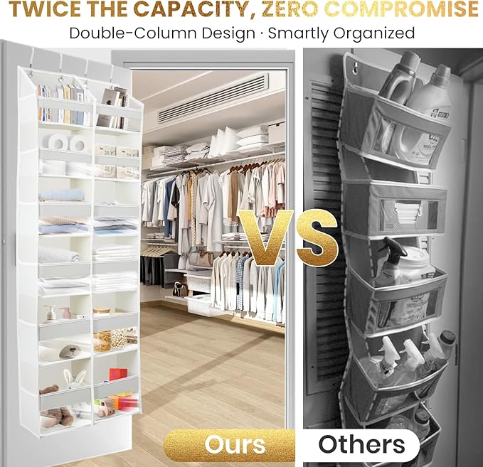 HOMELUX THEORY UPGRADED Over The Door Organizer Hanging - 100D EXTRA THICK & 50lbs HUGE CAPACITY 6Large Front & 12Side Pockets, Over The Door Shoe Organizer, Hanging Closet Organizer (Transparent XL)