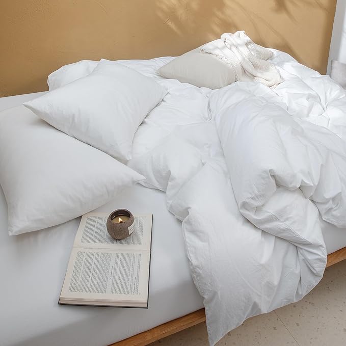 FOSSA Duvet Cover Set 100% Washed Cotton Linen Feel Super Soft Breathable Cozy 3 Pieces Bedding Sets Solid Bright White Queen