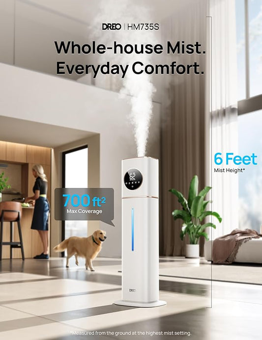Dreo HM735S 11L Smart Humidifier Large Room 700 ft², 100H Cool Mist Air Humidifiers for Bedroom, Top-Fill Self-Cleaning Tank, 26dB, Auto Mode, Aroma Box, RGB Light, Remote & APP Control, Baby, White