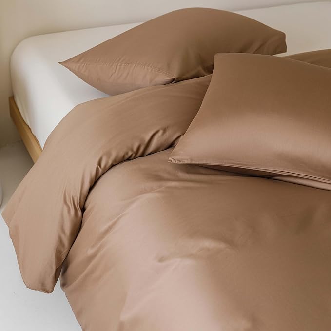 HeimenAogo Egyptian Cotton Duvet Cover Twin/Twin XL Sateen Weave, Silky Soft and Breathable Bedding Set with Zipper Closure, Long Staple Cotton Bed Linen Brown 2Pcs (68"×90")