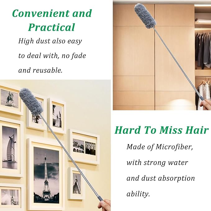 2 Pack Microfiber Feather Duster for Cleaning, Hand Washable Dusters with Extendable Pole, Cleaning Tools for Office, Car, Window, Furniture, Ceiling Fan