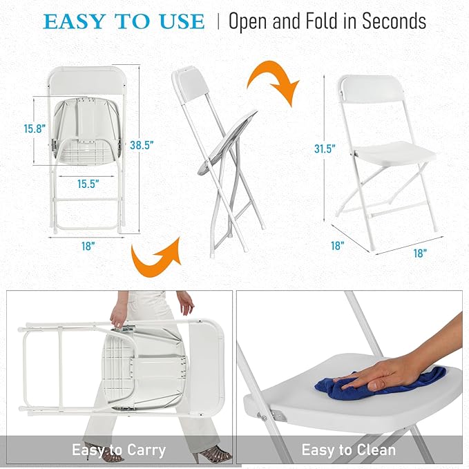 10 Pack White Plastic Folding Chairs for Outside, Portable Stackable Commercial Metal Foldable Chairs with Steel Frame for Home Events Office Wedding Party, 350lbs Capacity