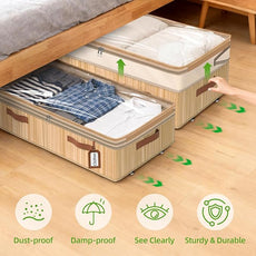 Livole 2 Pack Bamboo Under Bed Storage with Wheels, 6-10 inches Height Adjustable Underbed Storage Containers, 92L XXXL Large Rolling Under Bed Storage Bins for Clothes, Blankets, Sweater, Shoes