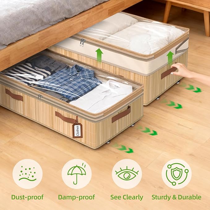 Livole Bamboo Under Bed Storage with Wheels, 6-10 inches Height Adjustable Underbed Storage Containers, 92L XXXL Large Rolling Under Bed Storage Bins for Clothes, Blankets, Sweater, Shoes, 1 Pack