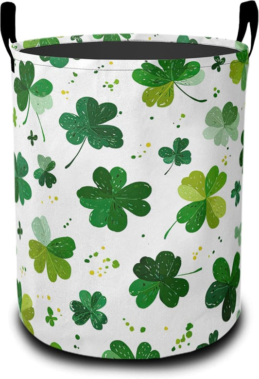 Green Lucky Clover Laundry Basket-Large Foldable Hamper Holder Portable Tall Collapsible Laundry Hamper Storage Basket Bin with Handles, Canvas & Waterproof lining for Household Items