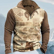 Western Sweatshirts for Men Aztec Cowboy Vintage Graphic Fleece Hoodie Mens Quarter Zip Pullover Country Jacket