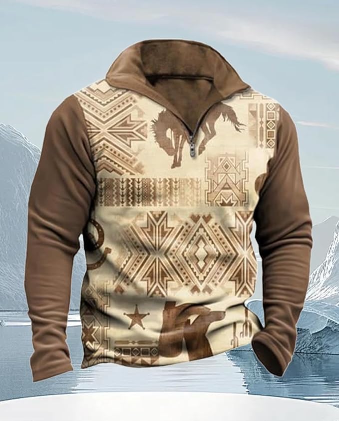 Western Sweatshirts for Men Aztec Cowboy Vintage Graphic Fleece Hoodie Mens Quarter Zip Pullover Country Jacket