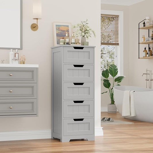 FOTOSOK Bathroom Cabinet, Bathroom Storage Cabinet with 5 Drawers, Wooden Storage Cabinets with Cut-Out Handles, 11.8” x 15.7” x 40.1” Bathrooms Floor Cabinets for Hallway/Living Room, Grey