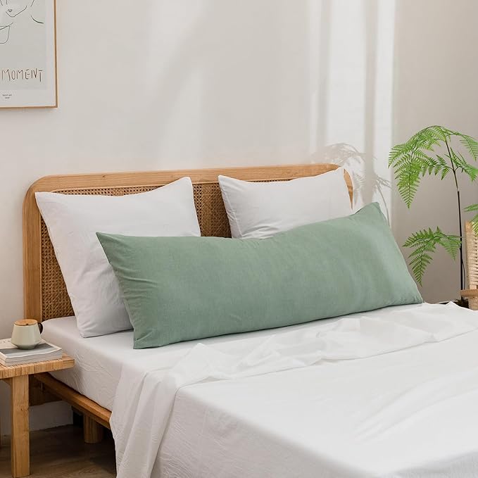 BESTOUCH 100% Washed Cotton Pillowcase for Hair and Skin Linen Feel Soft Comfortable Breathable 1 Pcs Pillow Case with Envelope Closure Solid Green Body 20x54 Inches