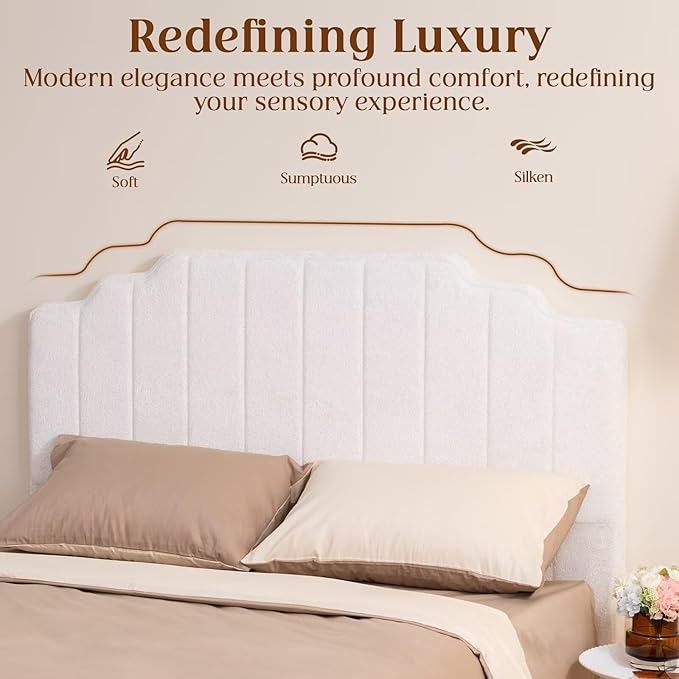 Queen Headboard Only - Beige Velvet Upholstered Headboard for Bed, No Assembly Required, Pure Sponge Design, Place Between Bed & Wall, Vertical Stripe with Stepped Crown Top Edge