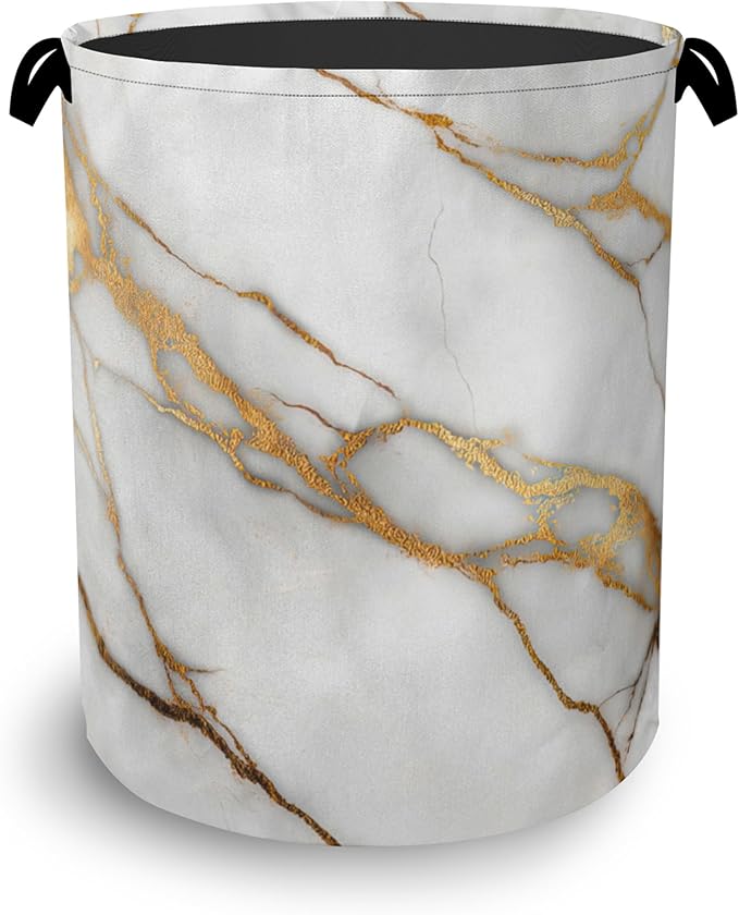 White Gold Marble Laundry Basket,Oxford Cloth Laundry Hamper with Handle Foldable Portable Clothes Storage Basket for Bathroom Bedroom Dorm Room 16" x 20.8"