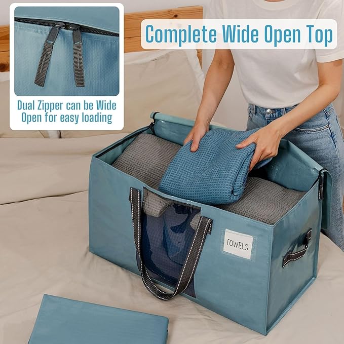 VENO 10 Pack Moving Bags, Christmas Storage Bins, Moving Boxes Alternative, Comforter and Blanket Storage Bags, College Dorm Packing Supplies, Foldable Heavy-Duty Tote (Shiny Light Blue, 10 Pack)