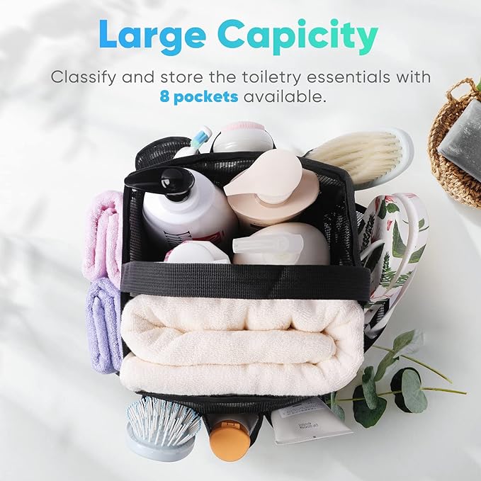 Eudele Mesh Shower Caddy Portable for College Dorm Room Essentials, 8-Pocket Large Capacity Shower Bag for Beach, Swimming, Gym