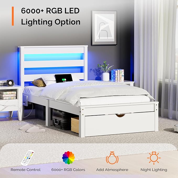 VINGLI Solid Wood Twin Bed Frame with LED Lights & USB Charging Station,Kids Platform Bed with Storage Headboard Shelf, Underbed Storage Drawer,White