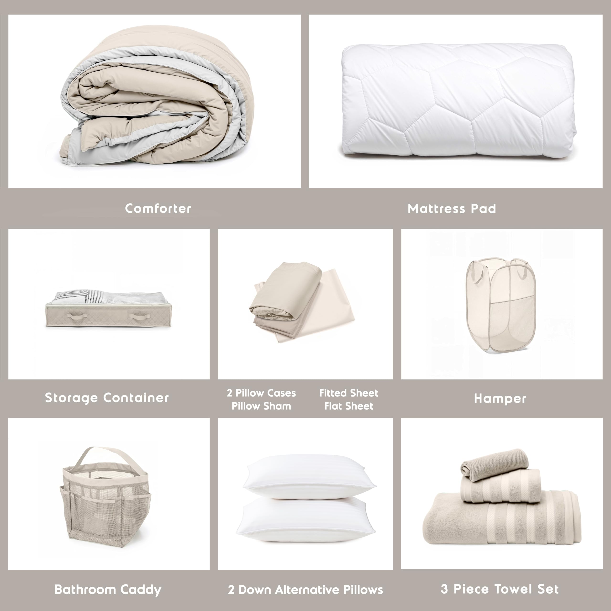 Hearth & Harbor Complete Dorm Room Set, Twin XL Comforter Set, Sheet Set, Mattress Protector, Towels and Organizers - All Dorm Accessories Included Dormly