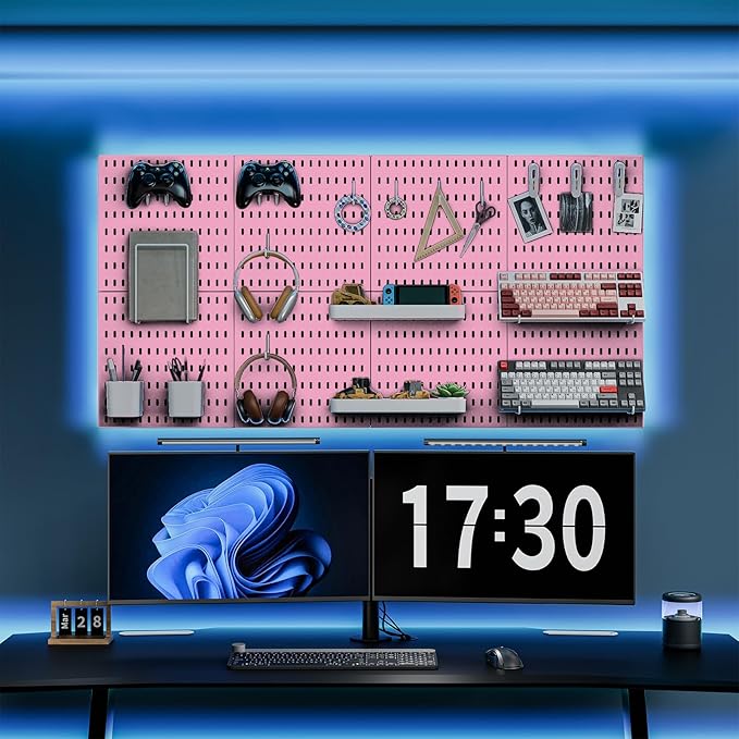 Pegboard Combination Kit, Wall Mounted Storage Set with 8 Pegboards & 28 Accessories Hanging, Peg Boards Organizer for Walls Display, Crafts Organization, Kitchen Organizer, 22" x 44" Pink