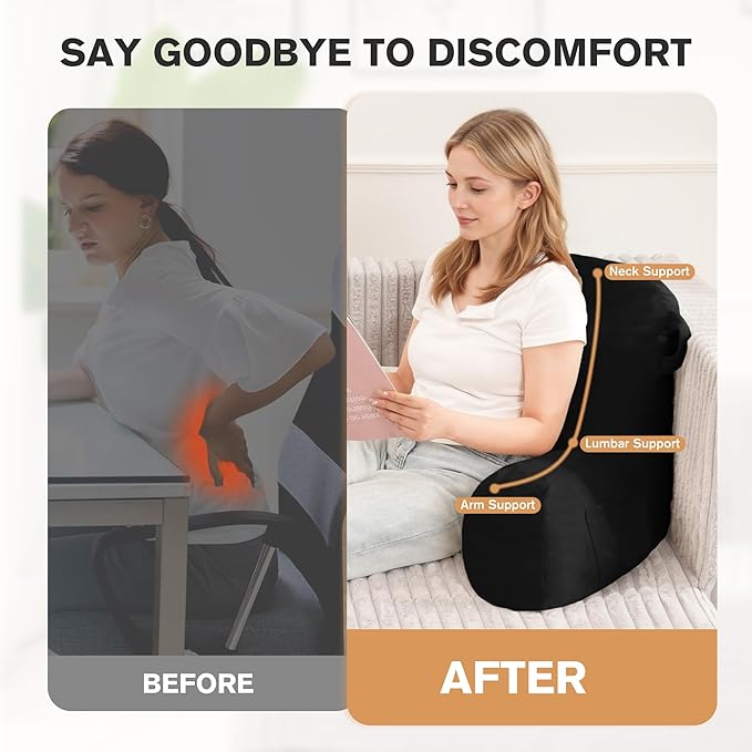 Portable Comfy Reading Pillows for Bed Sitting Up(Black Oeko-Tex), Velvet Back Pillow with Arms & Pockets for Adults, Support Memory Foam Bed Pillow for Dorm/Reading/Watching/Gaming