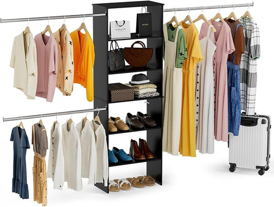 Closet System, 22.5" Wide Organizer with 3 Hanging Rods, Wood Tower Storage for Walk-In Closets, Wall-Mounted Wardrobe Organizer Kit, Black