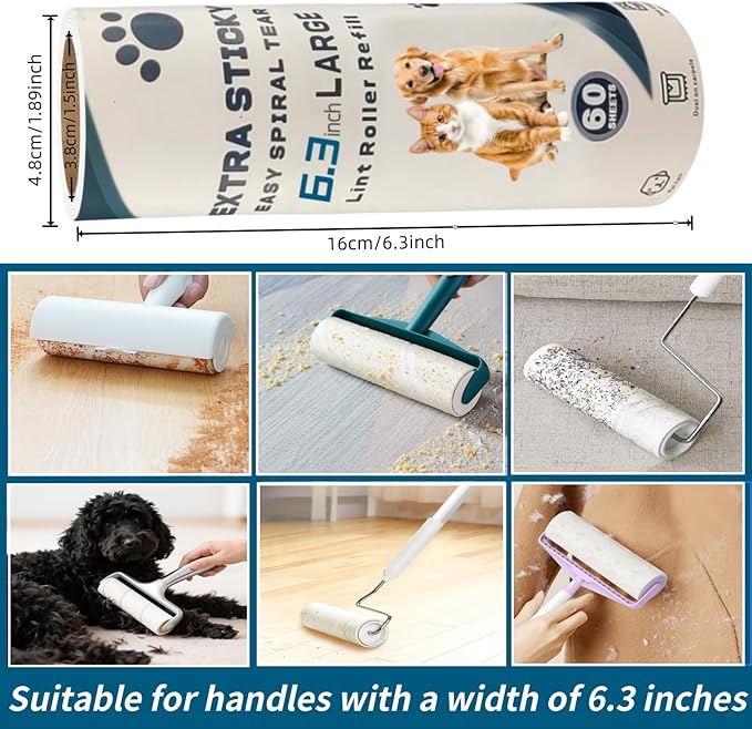 Large Lint Roller Refills for Pet Hair 6.3 Inch 360 Sheets Extra Sticky Fluff Roller Supplement for Cat and Dog Hair Removal Clothes Carpet Couch Floor Remove dust