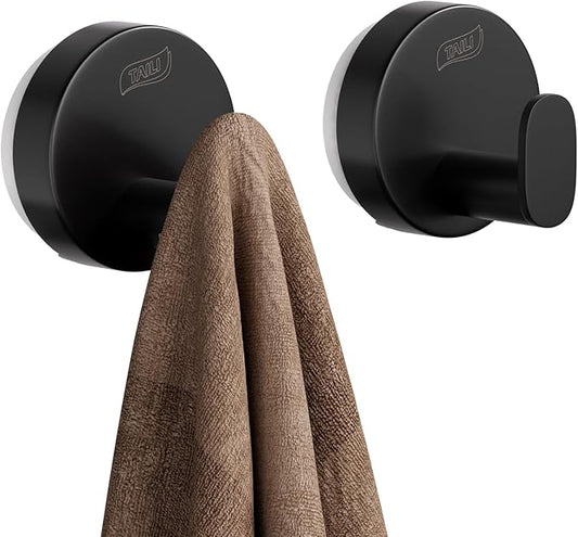 TAILI Stylish 304 Stainless Steel Bathroom Suction Hooks for Towel, Bathrobe, Loofah, No Damage Hanging Glass Shower Wall Hook, Patented Strong Suction Cup Holder, Hold Up to 11 Lbs, I-Cylinder Black