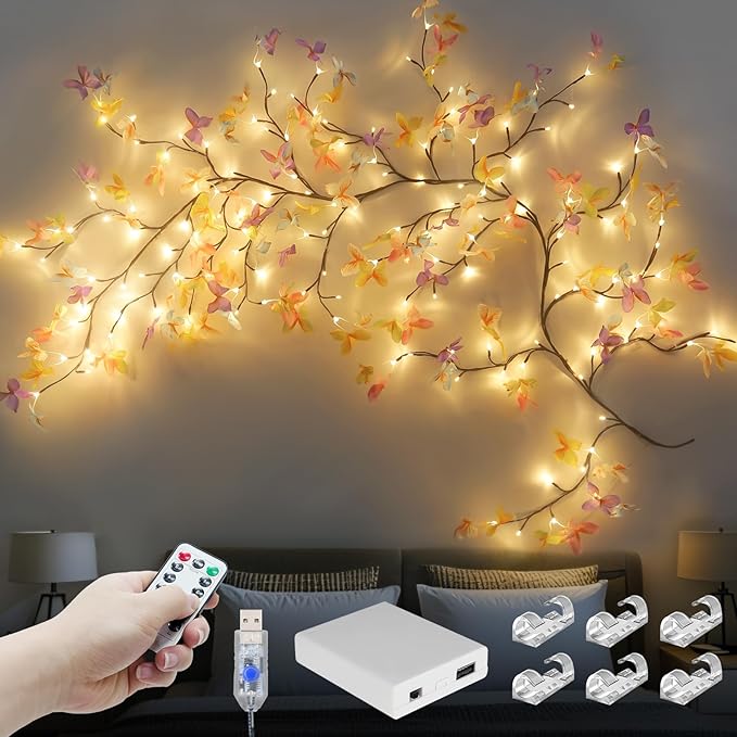 Butterfly Enchanted Willow Vine Lights, 7.55FT 144LED 3 Color Butterfly Blossom Tree Branch Lights for Wall, Remote Timer,8 Light Model,Bedroom Wall Doors Wedding, Christmas, USB Battery Box