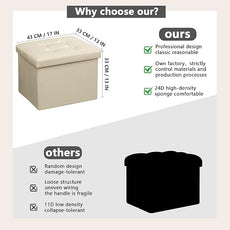 AmasSmile Storage Ottoman Folding Foot Rest Stool, Leather Footstool Bench, Short Ottoman Stool, Storage Foot Rest Store, Books (Beige, 17